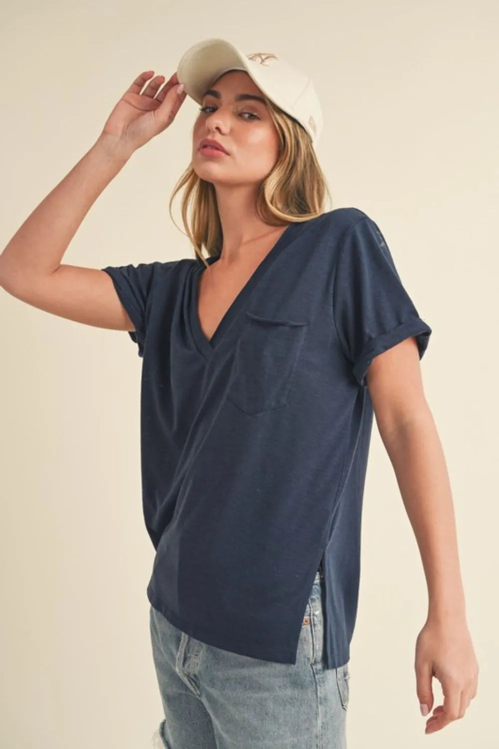 Aemi + Co Side Slit V-Neck Short Rolled Sleeve T-Shirt in Dark Navy, view 2