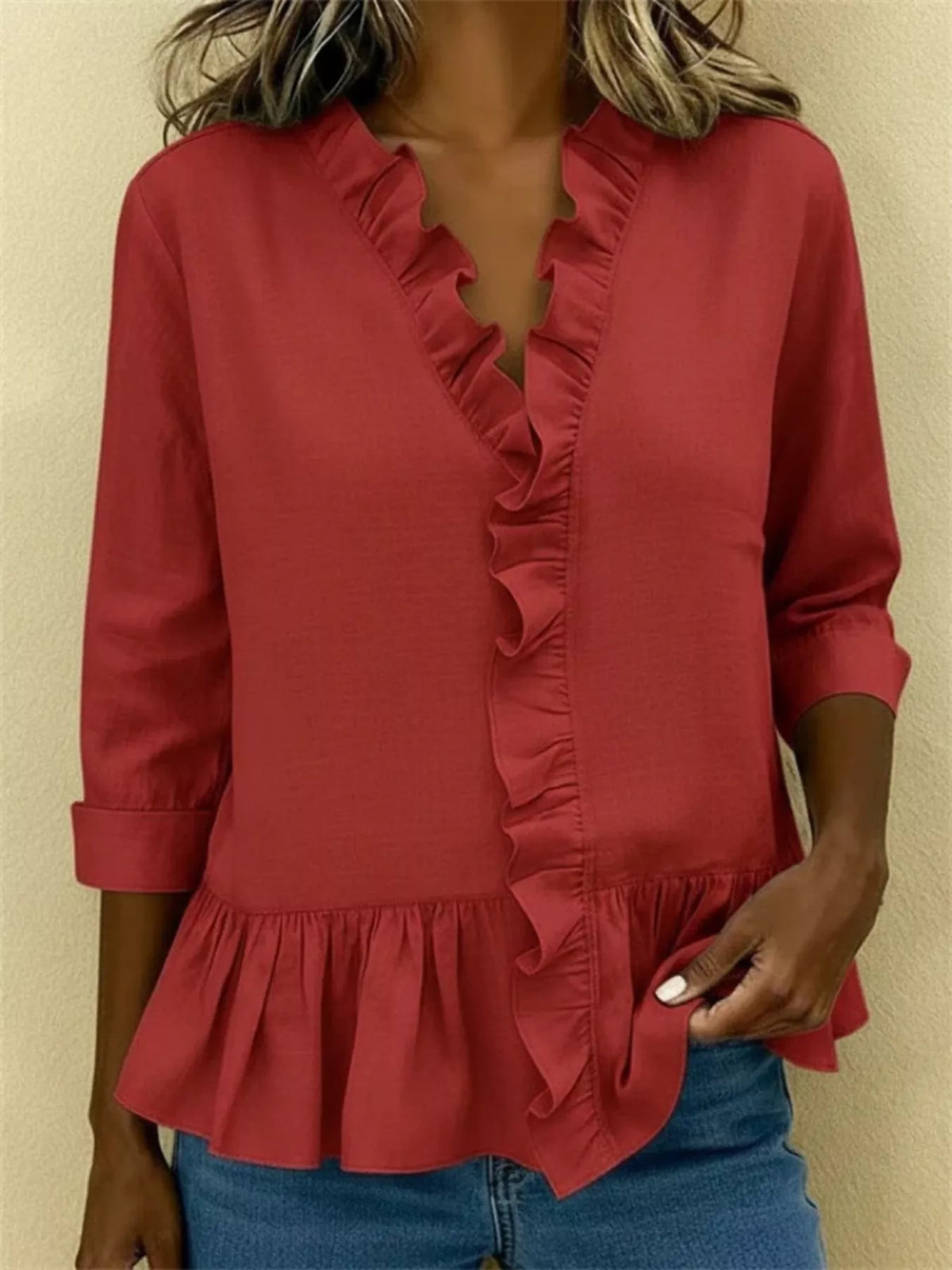 Full Size Ruffled V-Neck Long Sleeve Blouse Plus Size - Lilixa.store