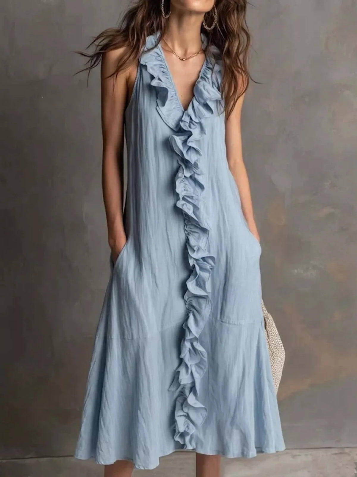 Sleeveless Ruffle Trim V-Neck Midi Dress in Sky Blue