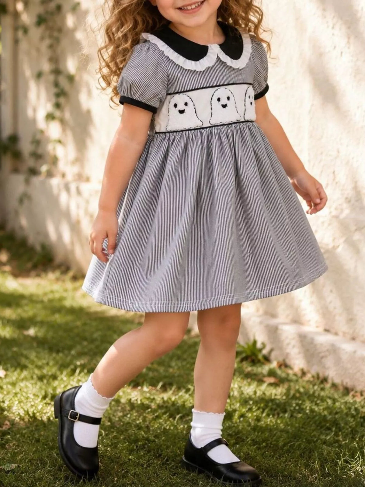 Children's Halloween Ghost Smocked Gingham Dress
