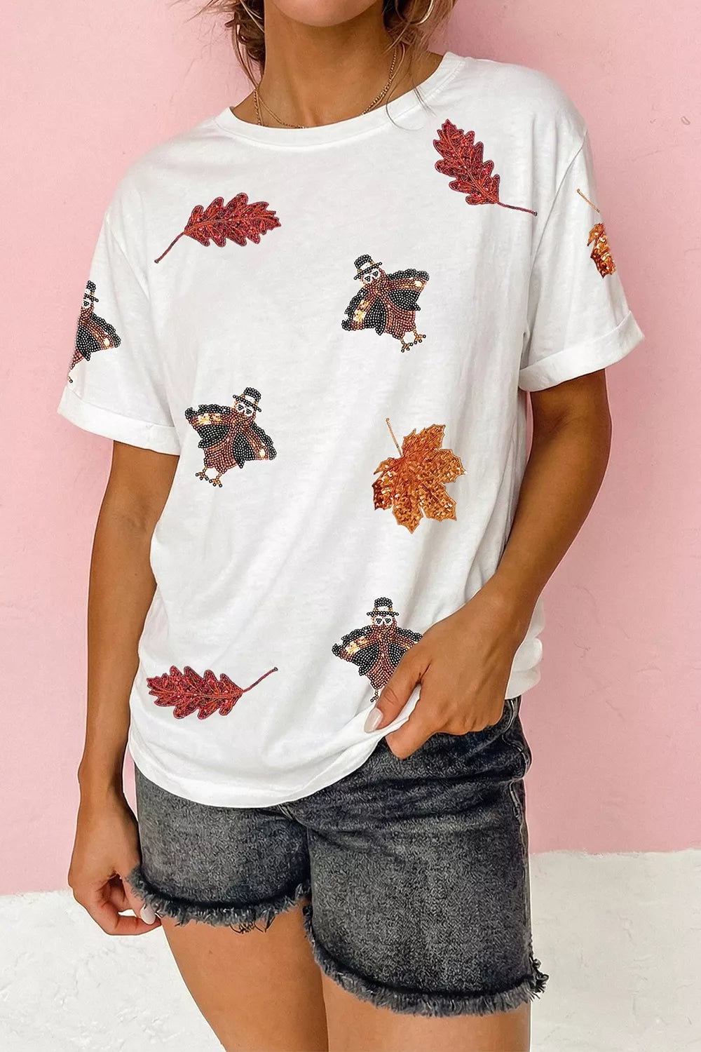 Full Size Sequin Autumn Leaf Thanksgiving Turkey T Shirt Plus Size