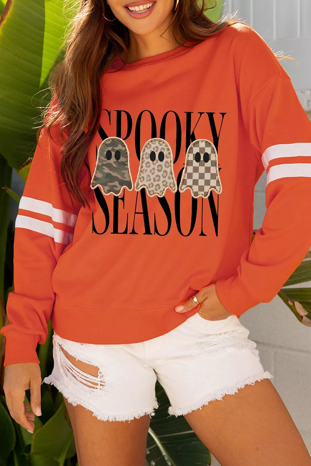 Spooky Season Ghost Graphic Varsity Striped Sleeve Halloween Pullover Sweatshirt - Lilixa.store