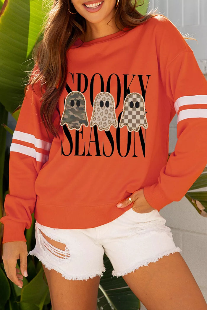 Spooky Season Ghost Graphic Varsity Striped Sleeve Halloween Pullover Sweatshirt in Orange