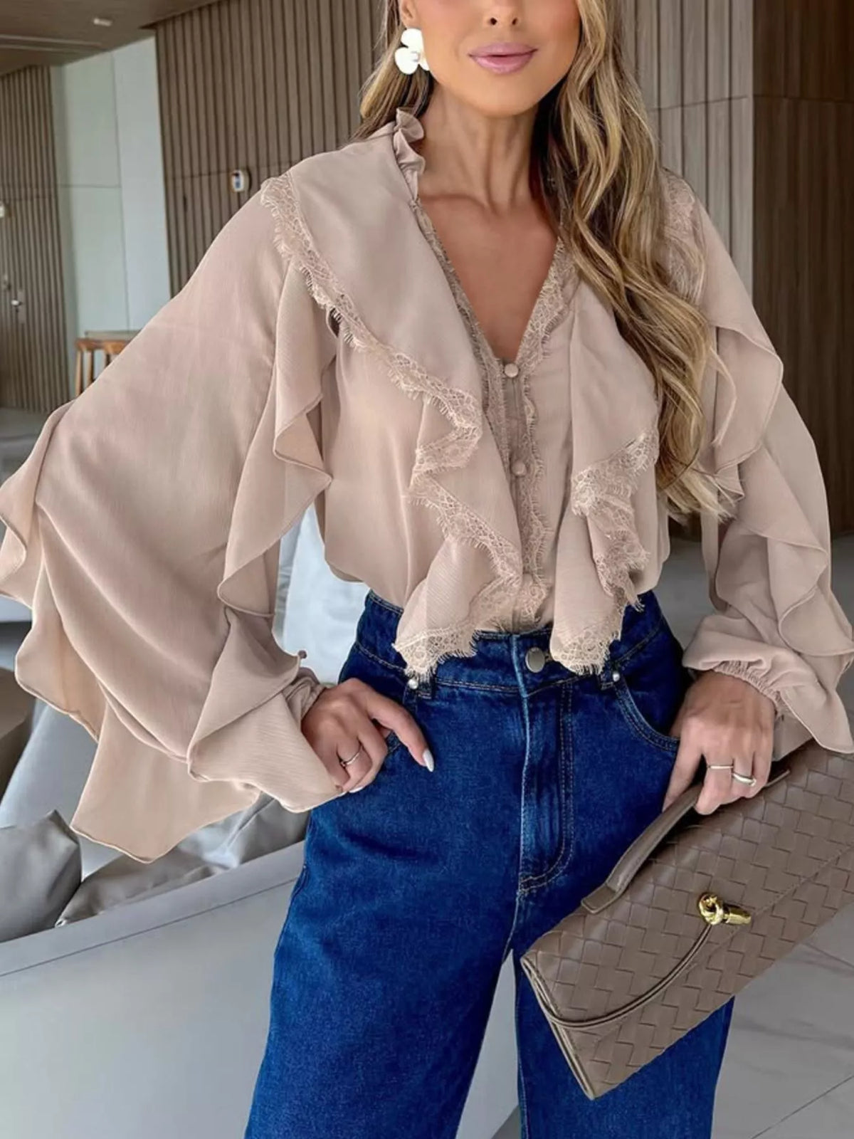 V-Neck Ruffled Lace Trim Blouse, view 4