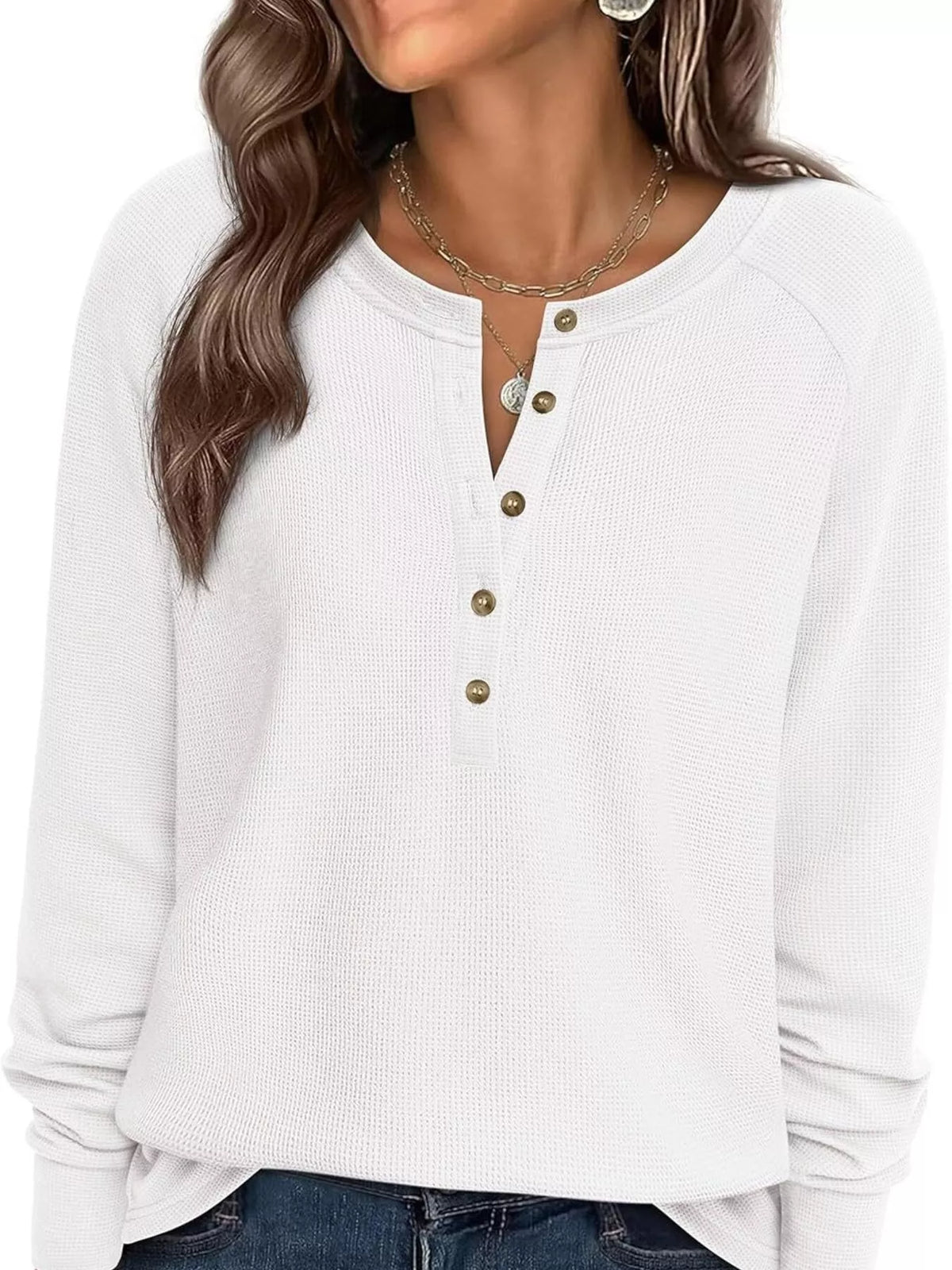 Waffle Knit Henley Long Sleeve T-Shirt