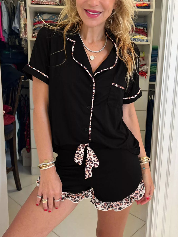 k Leopard Patchwork Trim Lapel Shirt Drawstring Shorts 2pcs Pajama Set - Lilixa.store