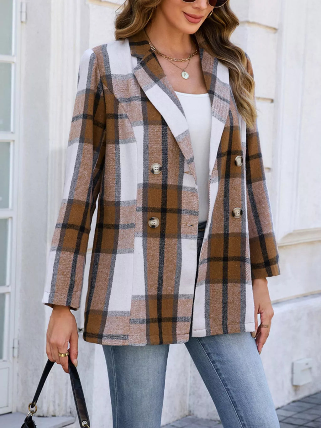 Plaid Double-Breasted Blazer - Lilixa.store