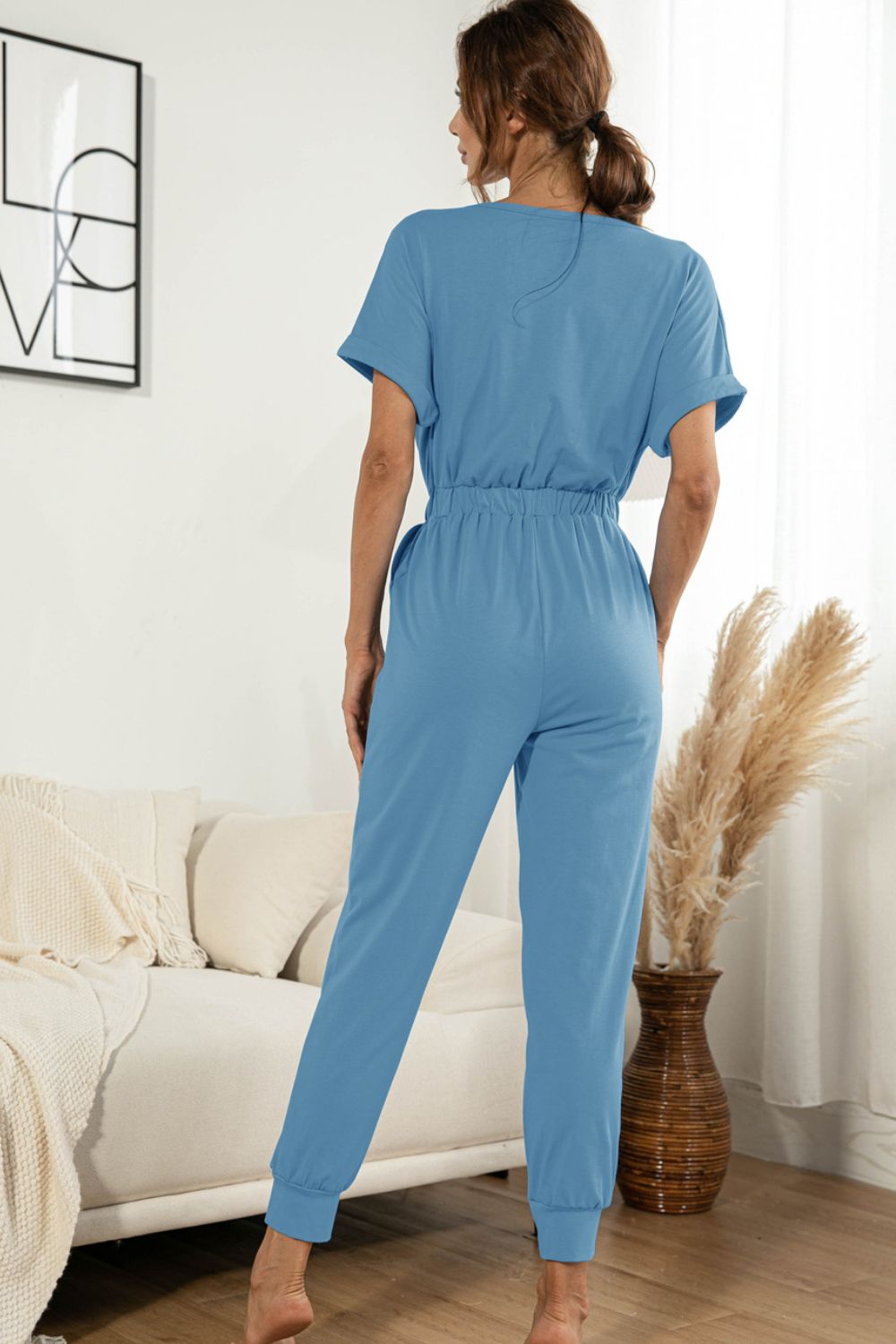 Surplice Neck Tied Short Sleeve Jumpsuit - Lilixa.store