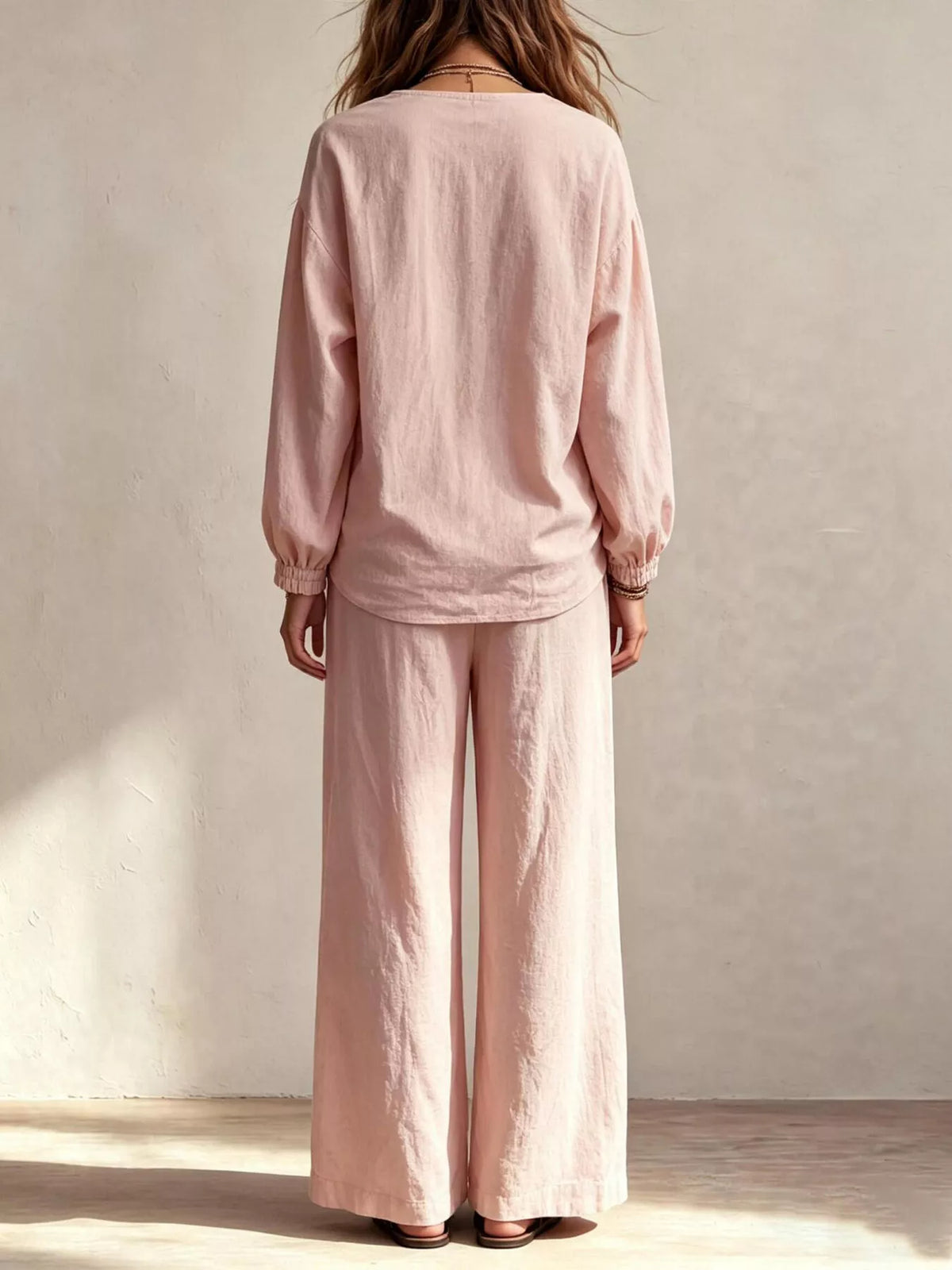 V-Neck Top and Wide-Leg Pants Set in Pink, view 4