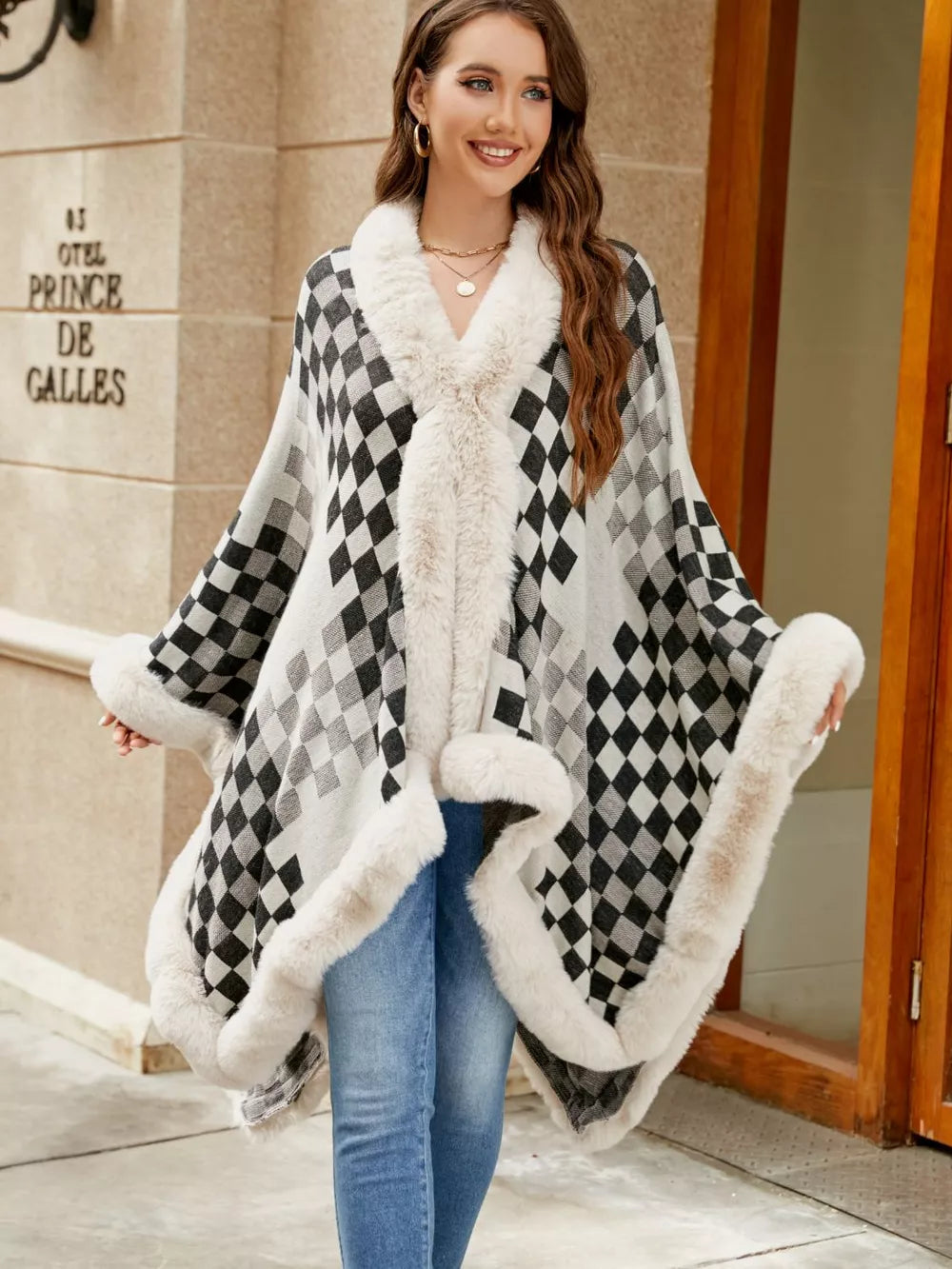 Checkered Faux Fur Trim Poncho in Ivory