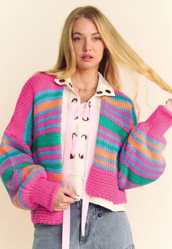 Contrast Striped Open Front Long Sleeve Cardigan - Lilixa.store