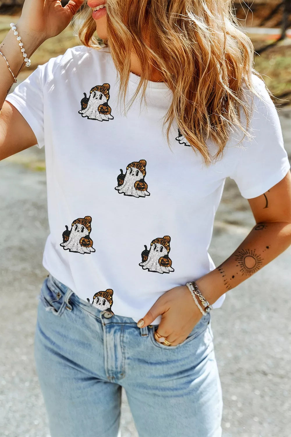 Full Size Halloween Sequin Ghost Print Short Sleeve Casual T-Shirt Plus Size - Lilixa.store