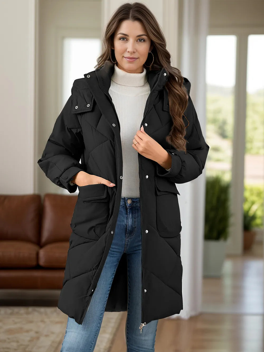 Long Sleeve Longline Hooded Winter Coat with Pockets - Lilixa.store