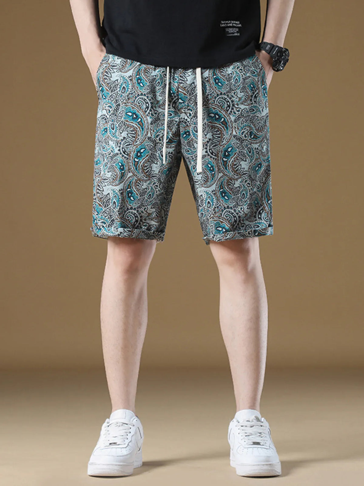 Men's Plus Size Paisley Print Drawstring Beach Shorts in French Blue, view 3