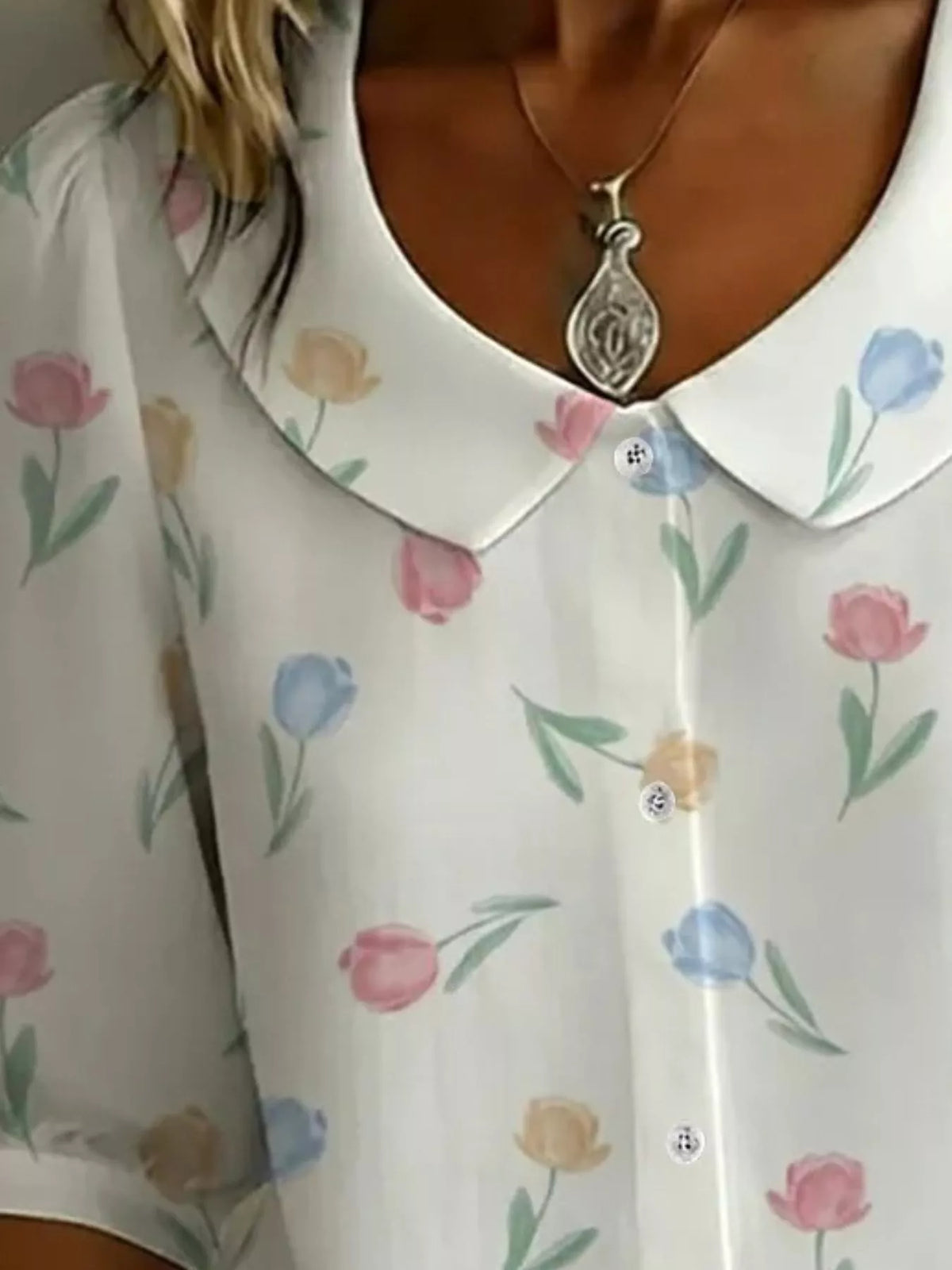 Daisy Print Peter Pan Collar Button-Down Shirt - Lilixa.store