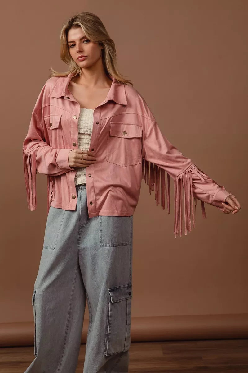 BiBi Suede Fringe Long Sleeve Jacket in Blush, view 3