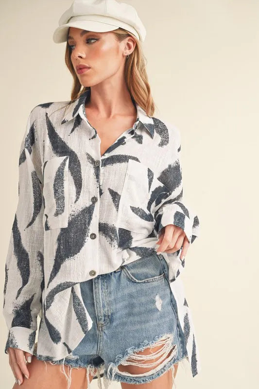 Aemi + Co High-Low Printed Button Up Long Sleeve Shirt in White