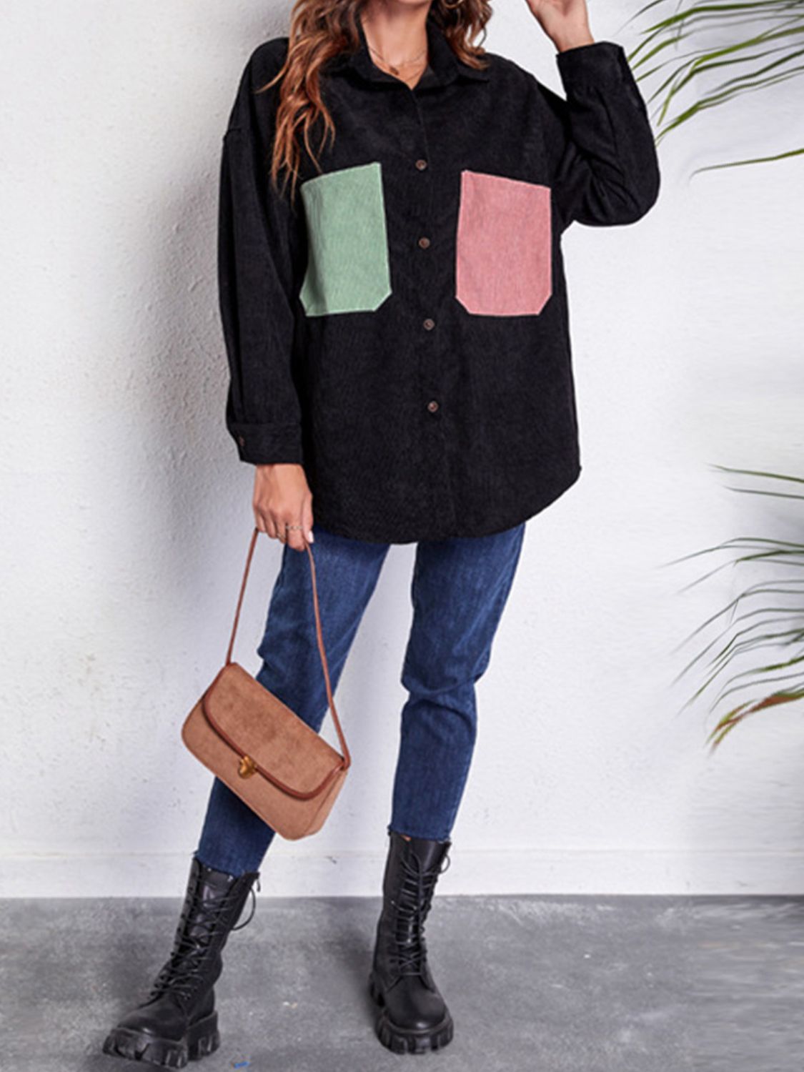 Patch Pocket Dropped Shoulder Shirt Jacket in Black, view 5