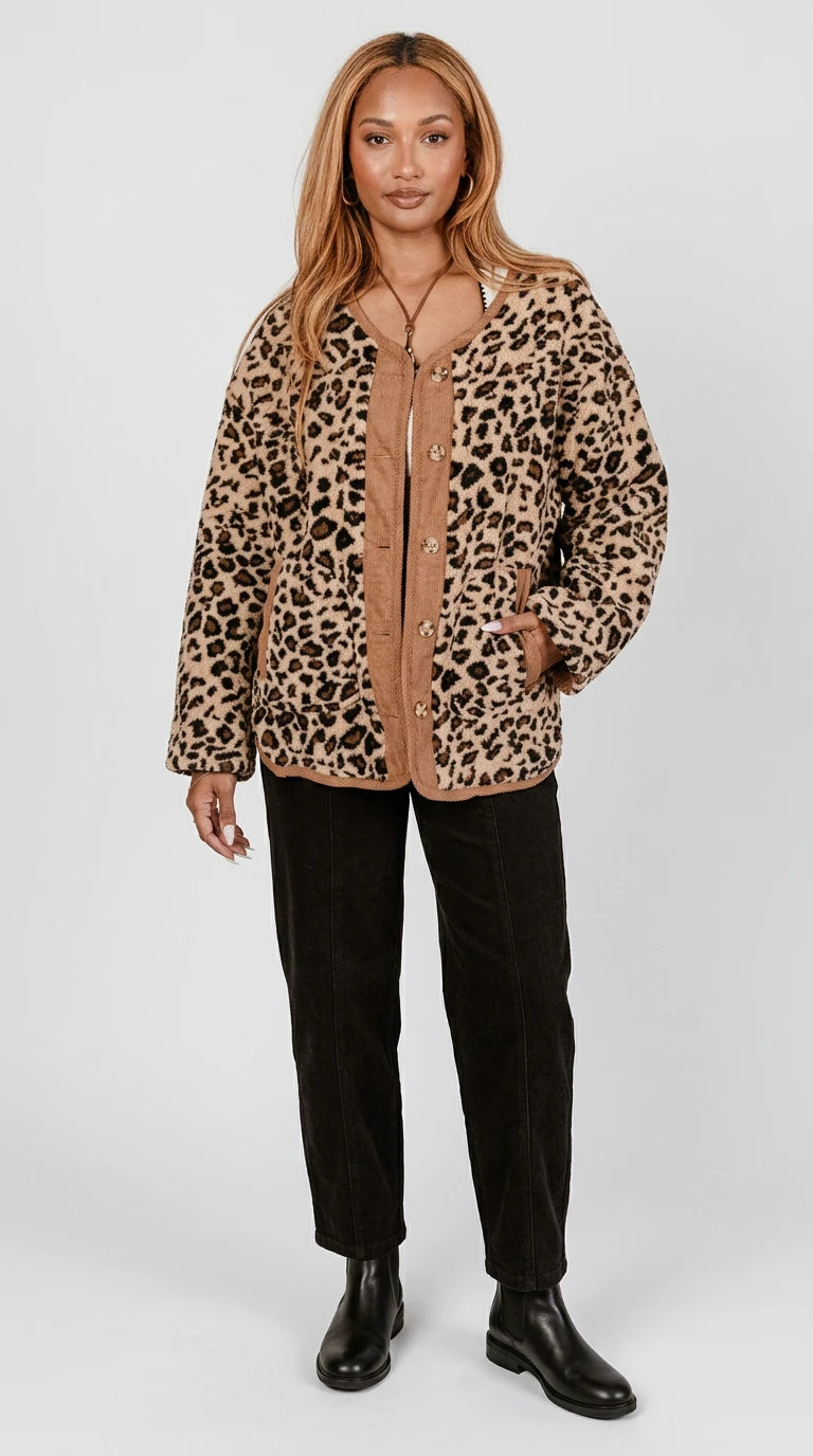 Leopard Plush Corduroy Trim Long Sleeve Jacket