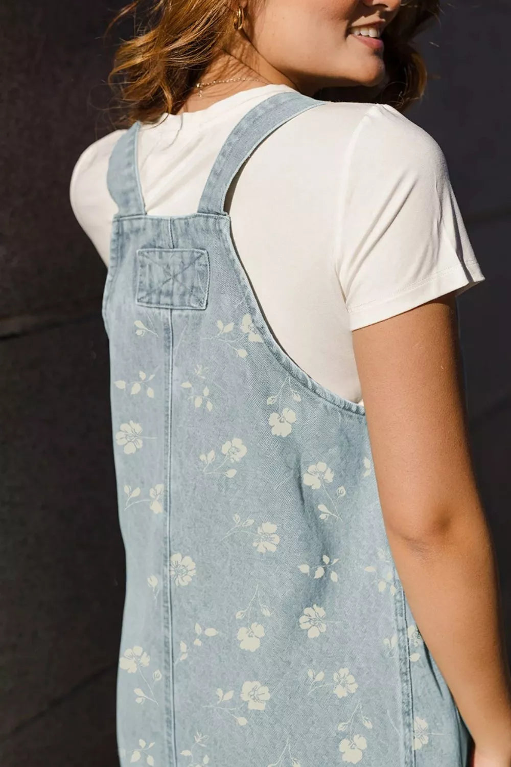Wash Denim Floral Print Overall Mini Dress - Lilixa.store