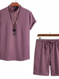 Men's Plus Size Casual Mandarin Collar Short Sleeve Shirt and Shorts Set - Lilixa.store
