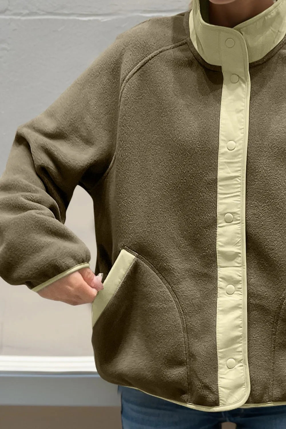 Snap Down Contrast Fleece Jacket with Pockets - Lilixa.store
