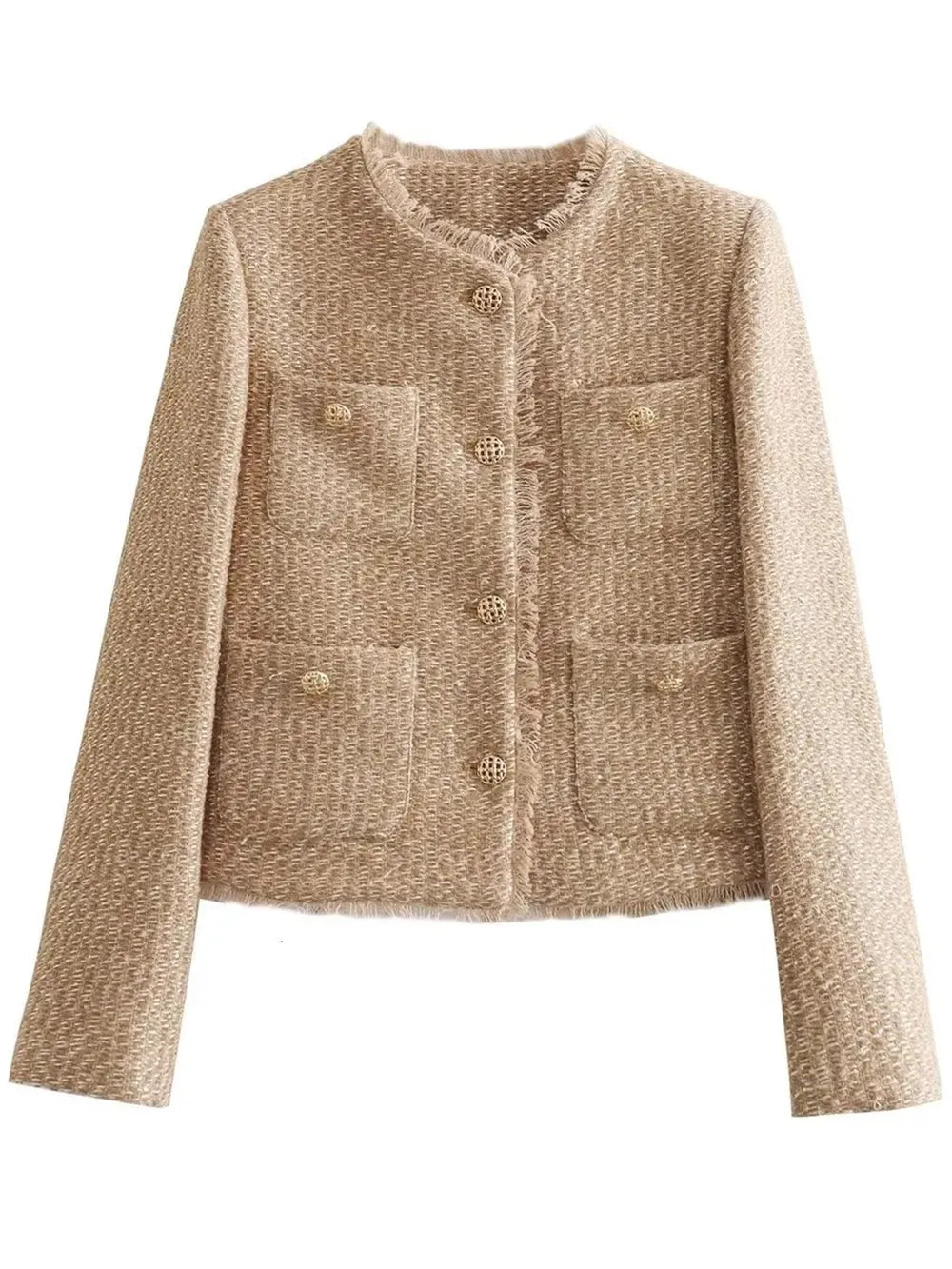 Raw Hem Pocketed Round Neck Jacket in Camel, view 3