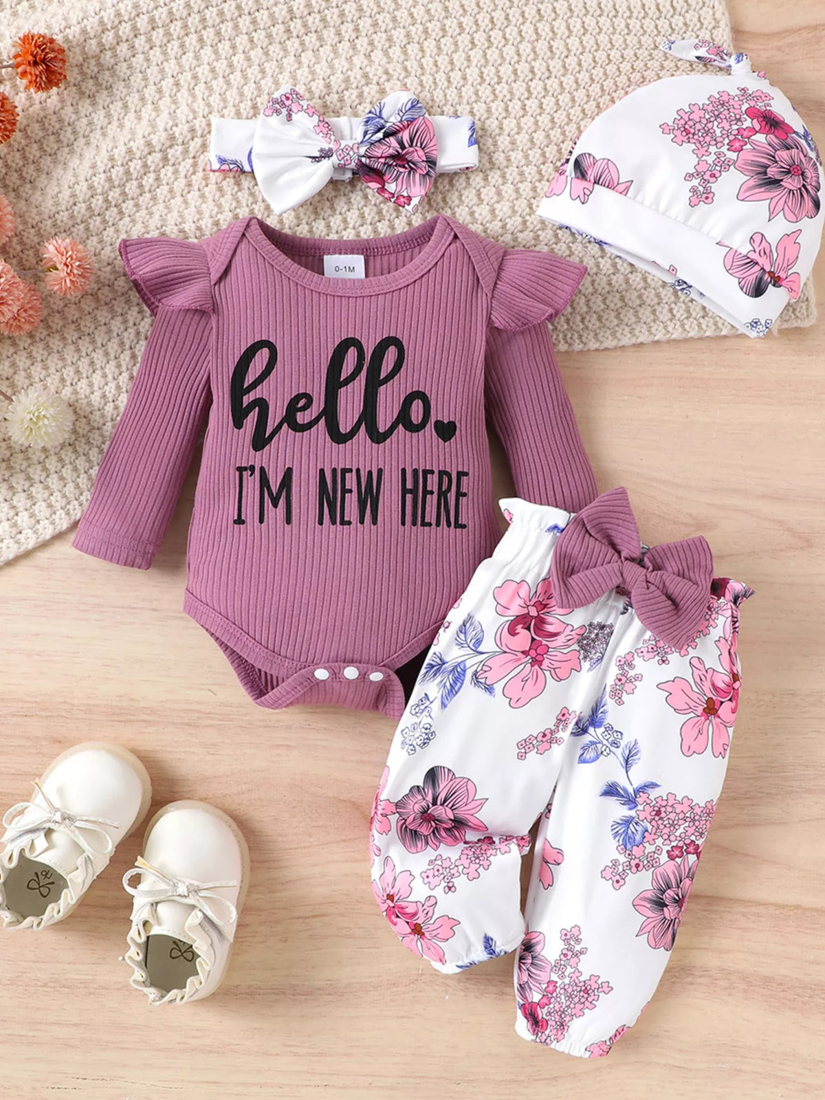 Children's Letter Ribbed Bodysuit and Pants Set with Headband & Hat - Lilixa.store