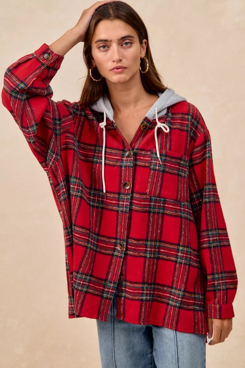 BiBi Brushed Plaid Hooded Jacket in Red Plaid, view 20