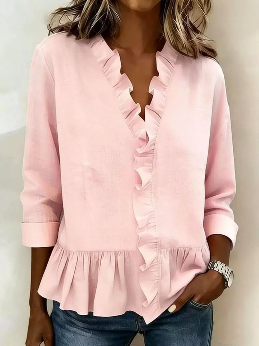 Full Size Ruffled V-Neck Long Sleeve Blouse Plus Size - Lilixa.store