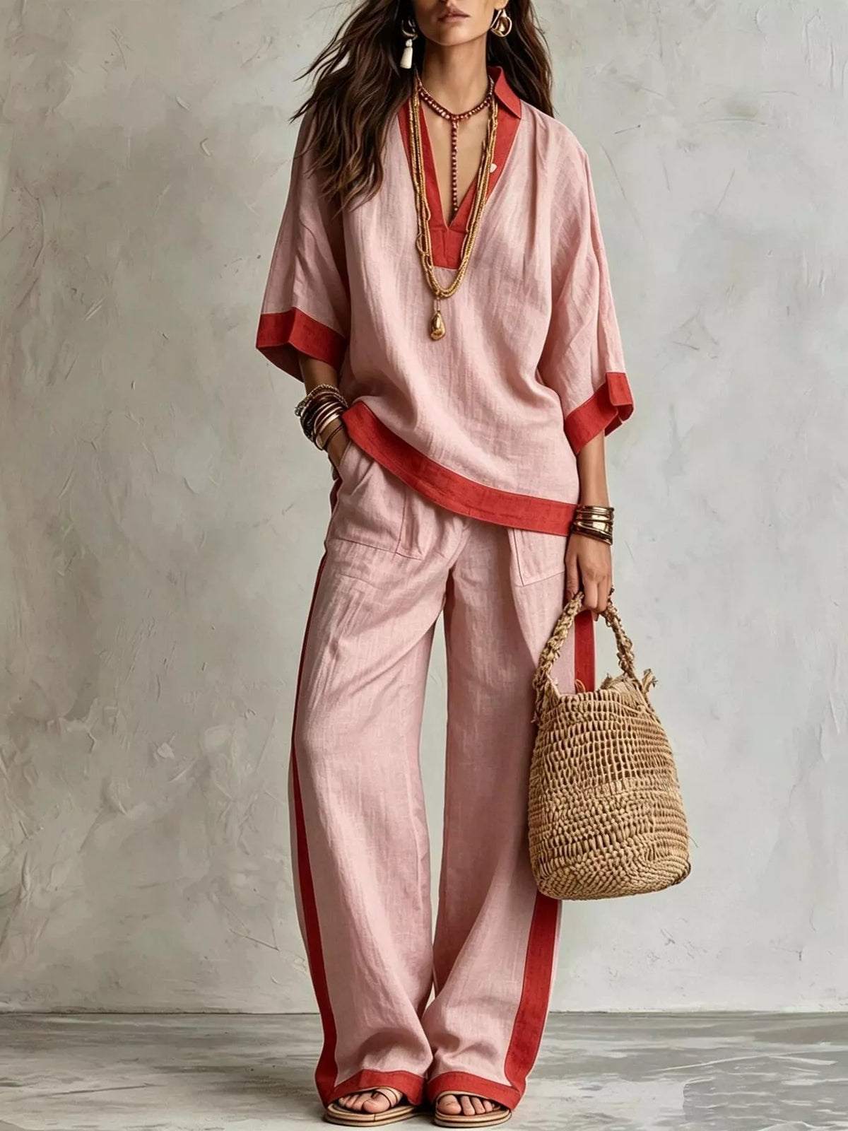 Full Size Contrast Trim Top and Wide Leg Pants Set Plus Size