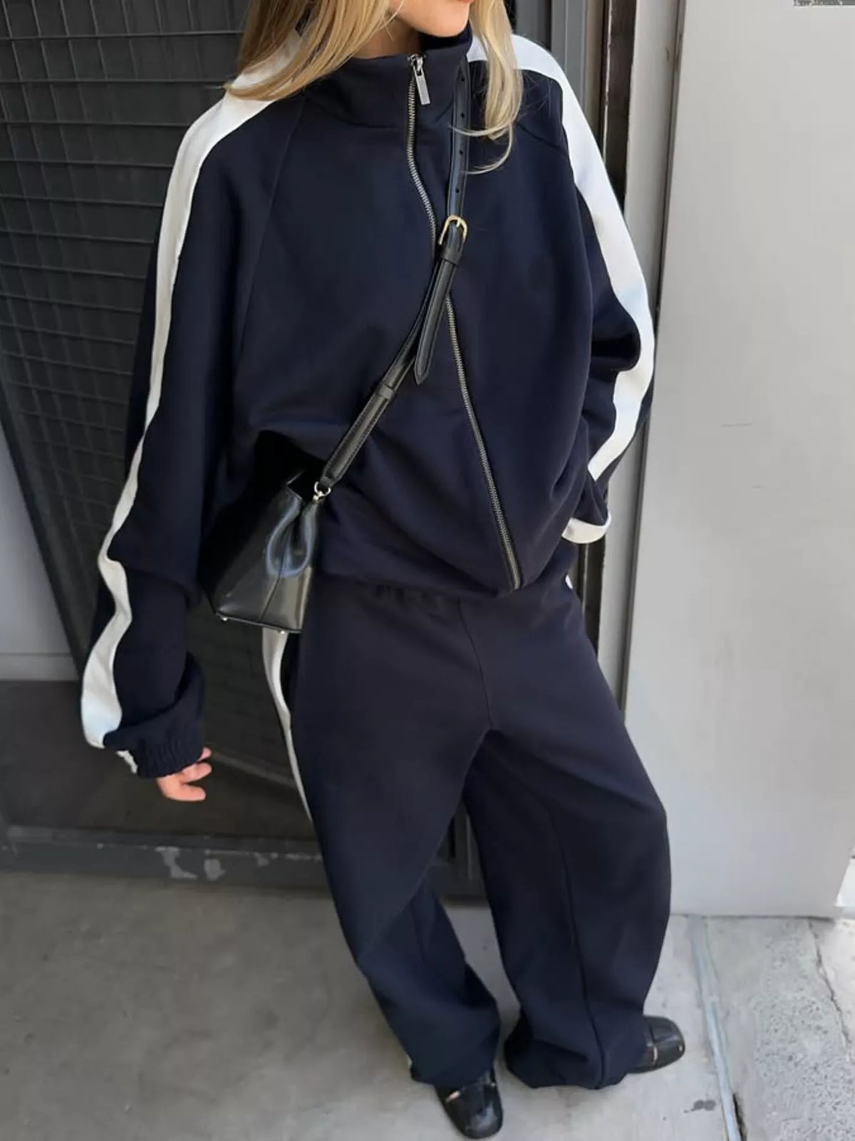 Contrast Side Stripe Zip Up Top and Pants Set - Lilixa.store