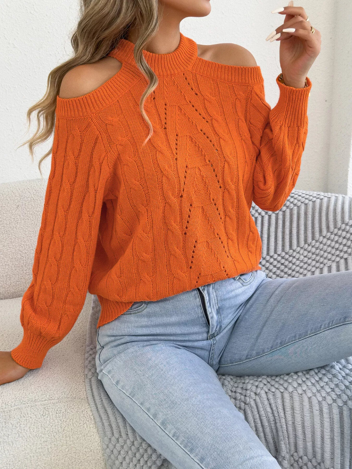 Cold Shoulder Cable Knit Sweater - Lilixa.store