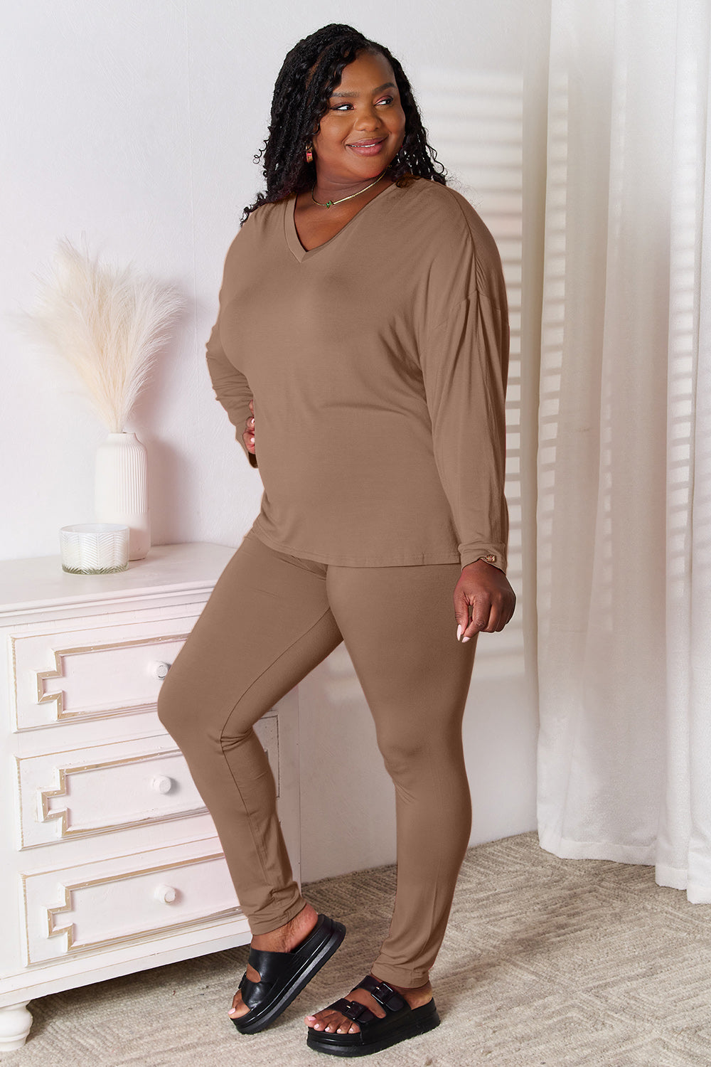 Basic Bae Full Size V-Neck Soft Rayon Long Sleeve Top and Pants Lounge Set - Lilixa.store