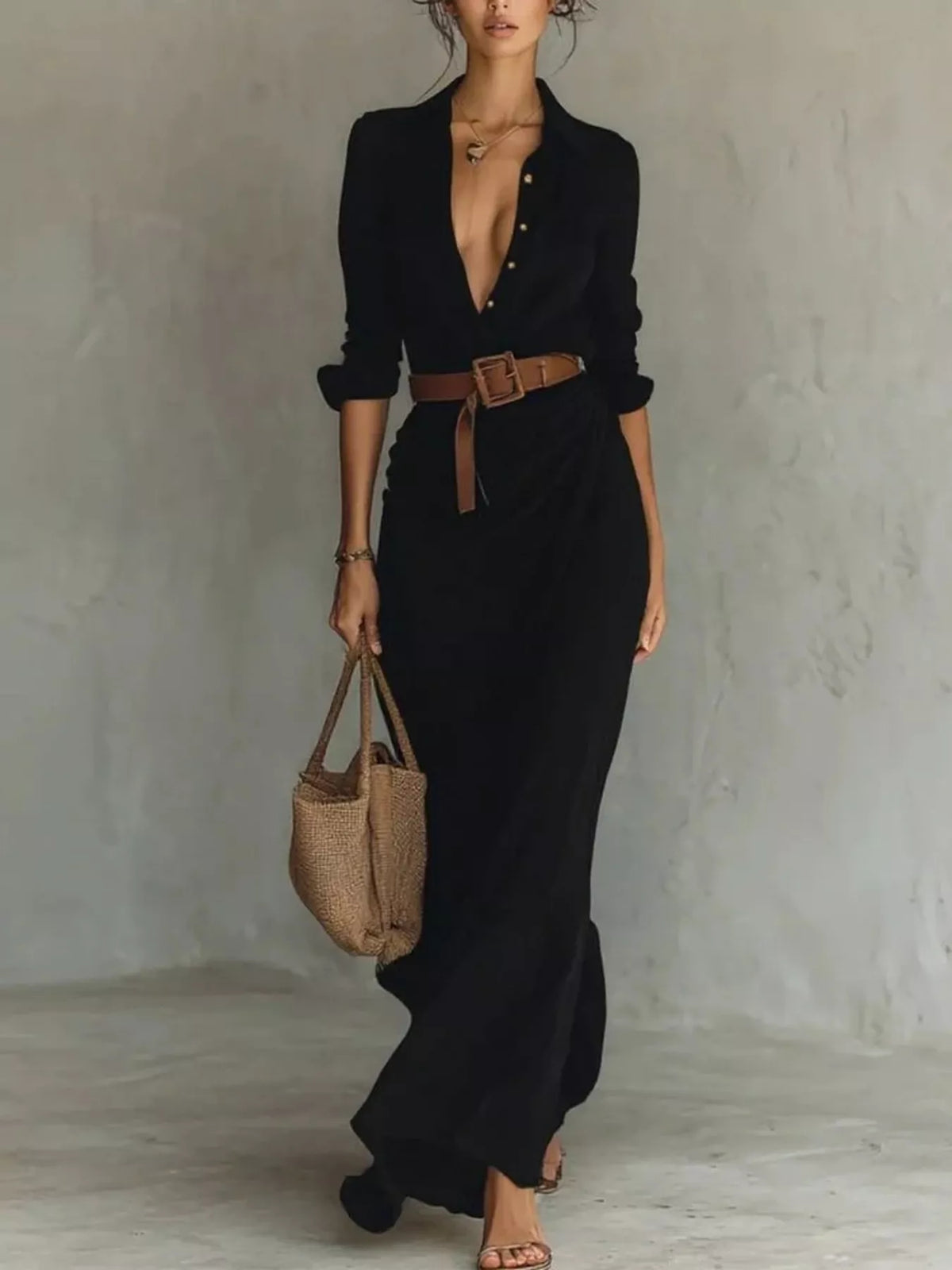 Button Front Long-Sleeve Shirt Maxi Dress