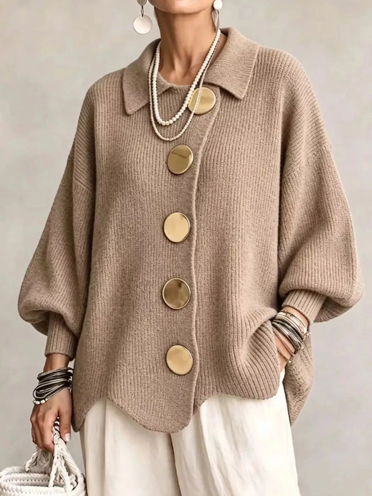 Full Size Gold Buttons Lantern Sleeve Cardigan Plus Size - Lilixa.store