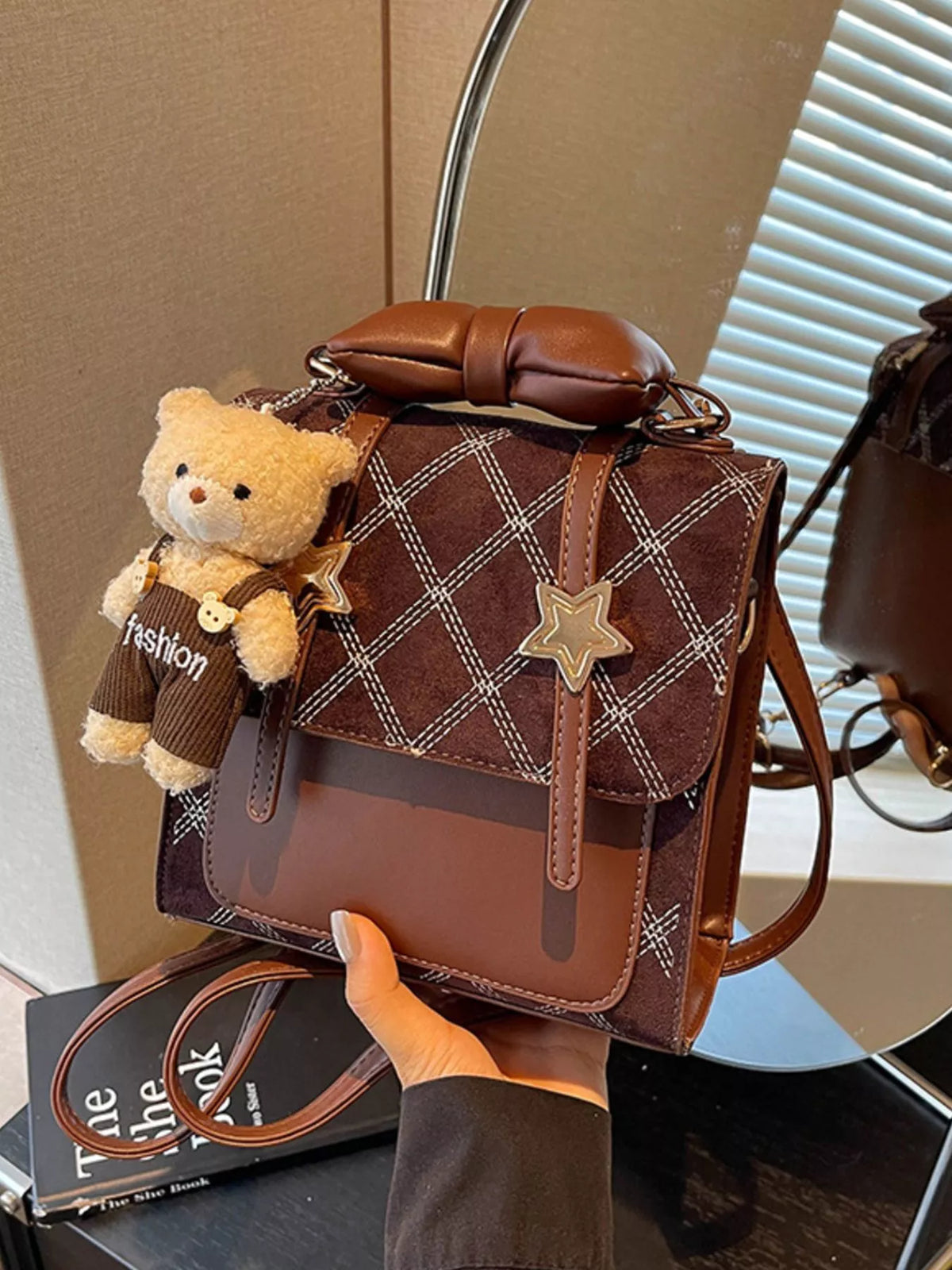 Vintage Diamond Pattern Backpack Bag in Brown, view 3