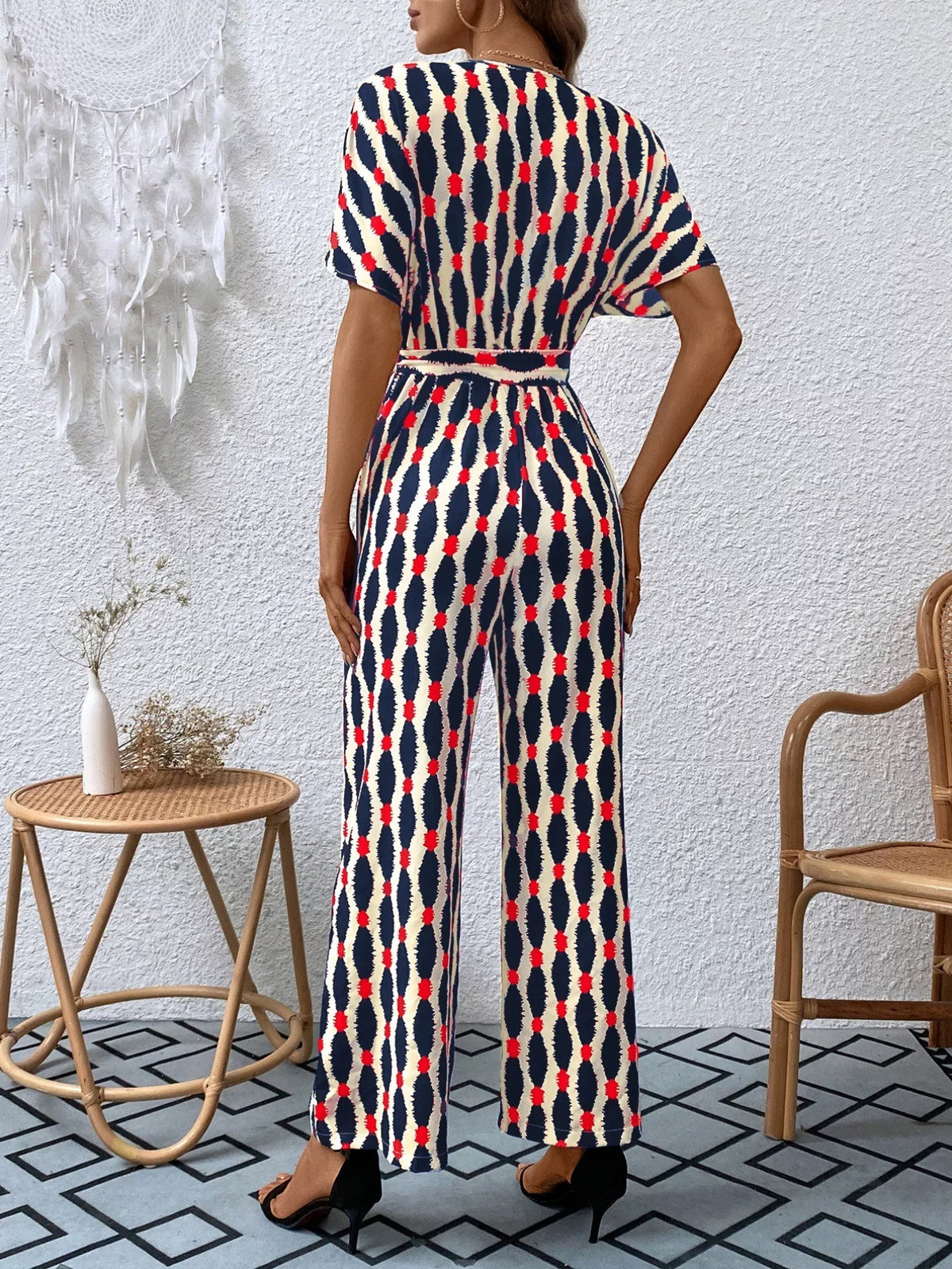 Printed Surplice Tie Waist Short Sleeve Jumpsuit - Lilixa.store