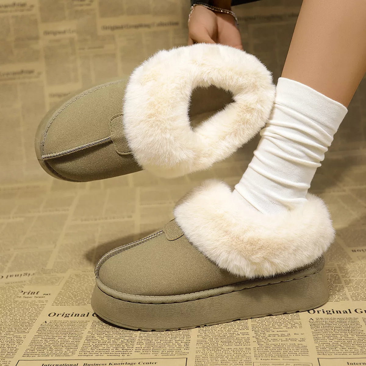 Fuzzy Trim Platform Boots in Matcha Green