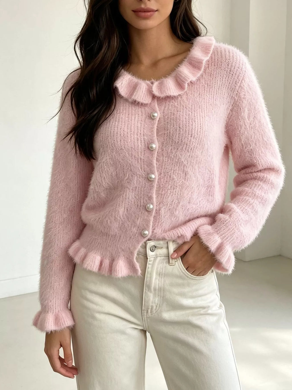 Soft Fuzzy Cardigan with Ruffled Collar and Pearl Buttons in Pink