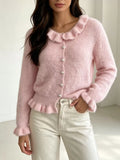 Soft Fuzzy Cardigan with Ruffled Collar and Pearl Buttons in Pink