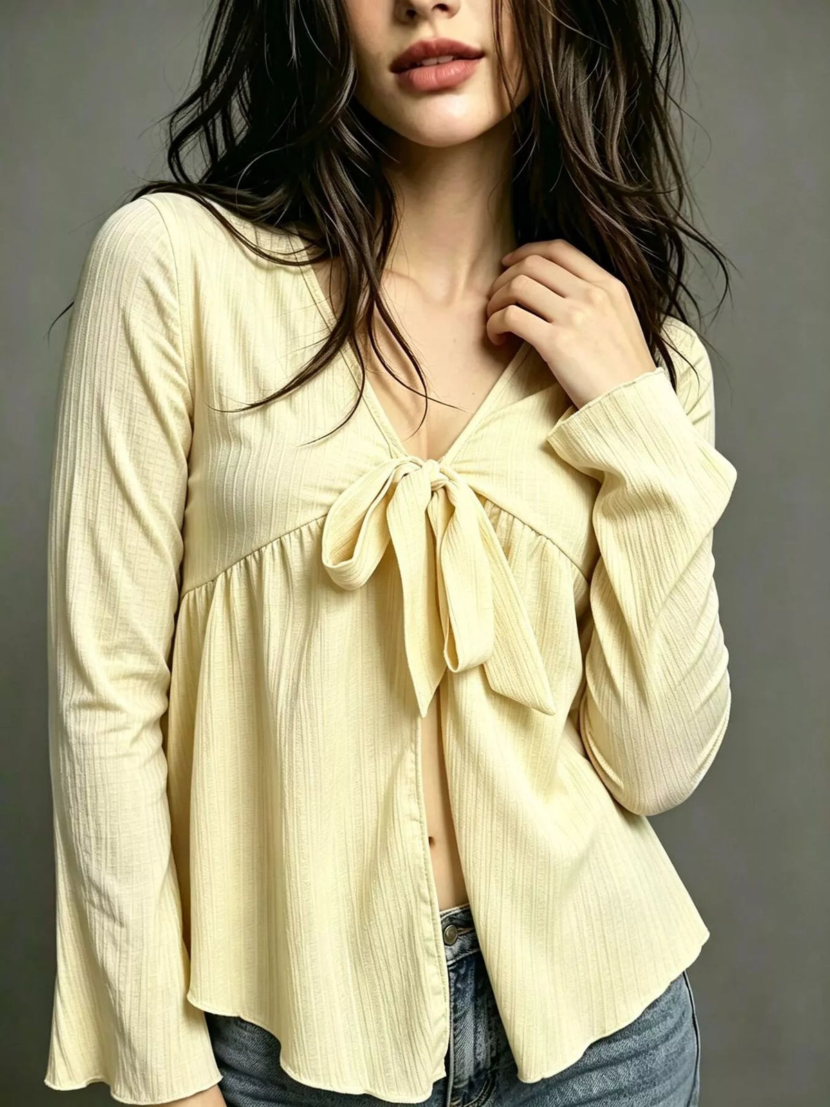 Tie-Front Flare Sleeve Blouse - Lilixa.store