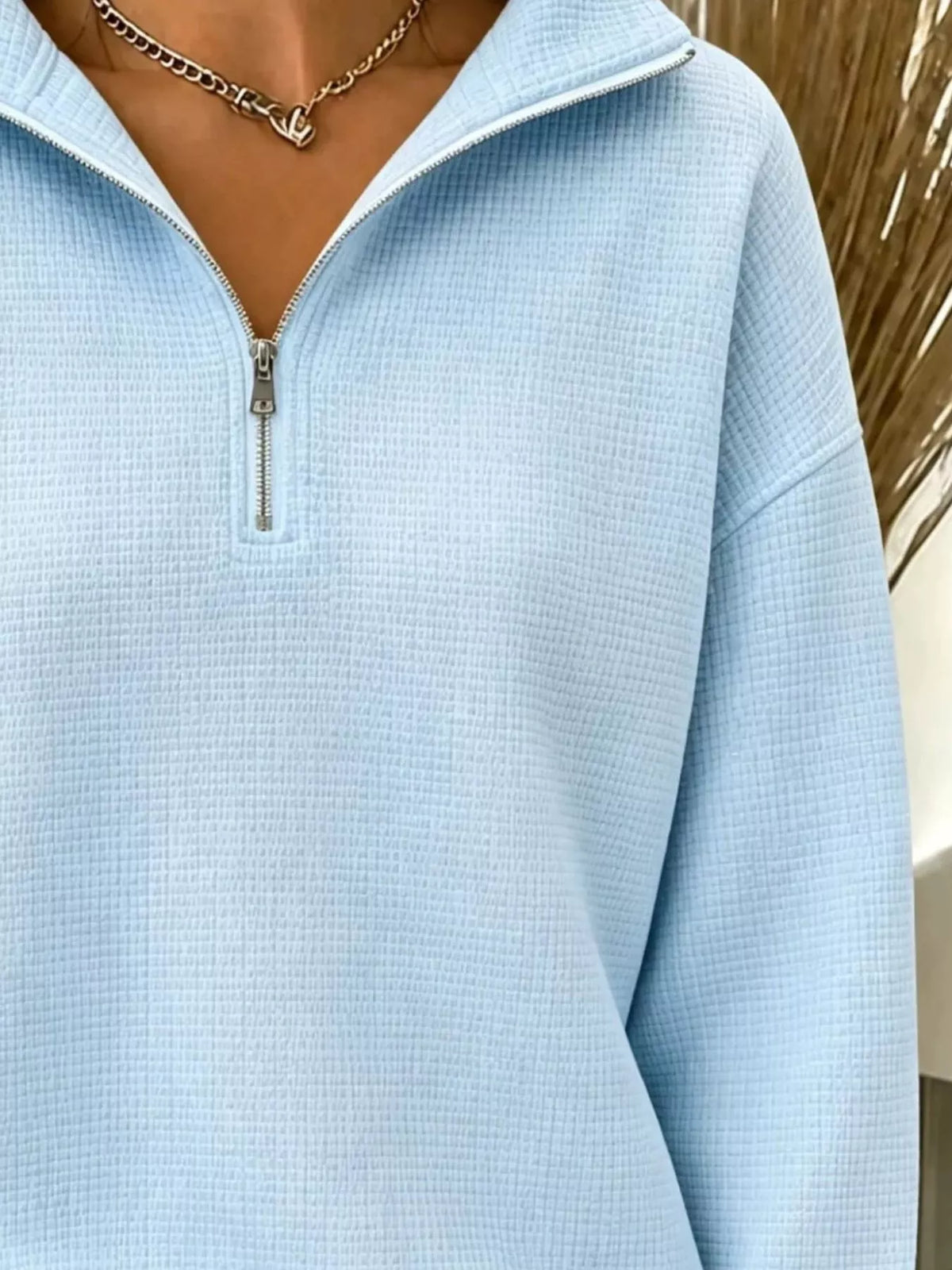Full Size Waffle Knit Quarter-Zip Sweatshirt Plus Size - Lilixa.store