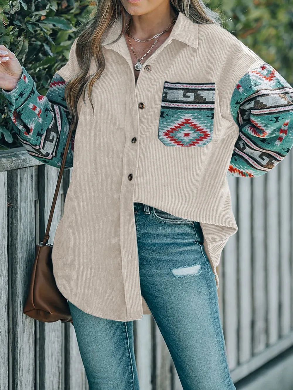 Perfee Pocketed Geometric Collared Neck Shacket in Dust Storm, view 3