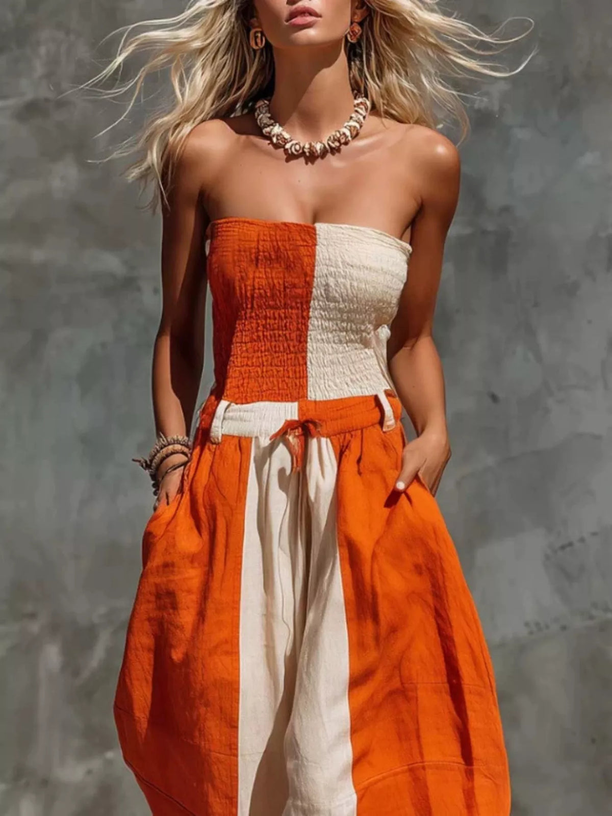 Color-Block Strapless Smocked Jumpsuit - Lilixa.store