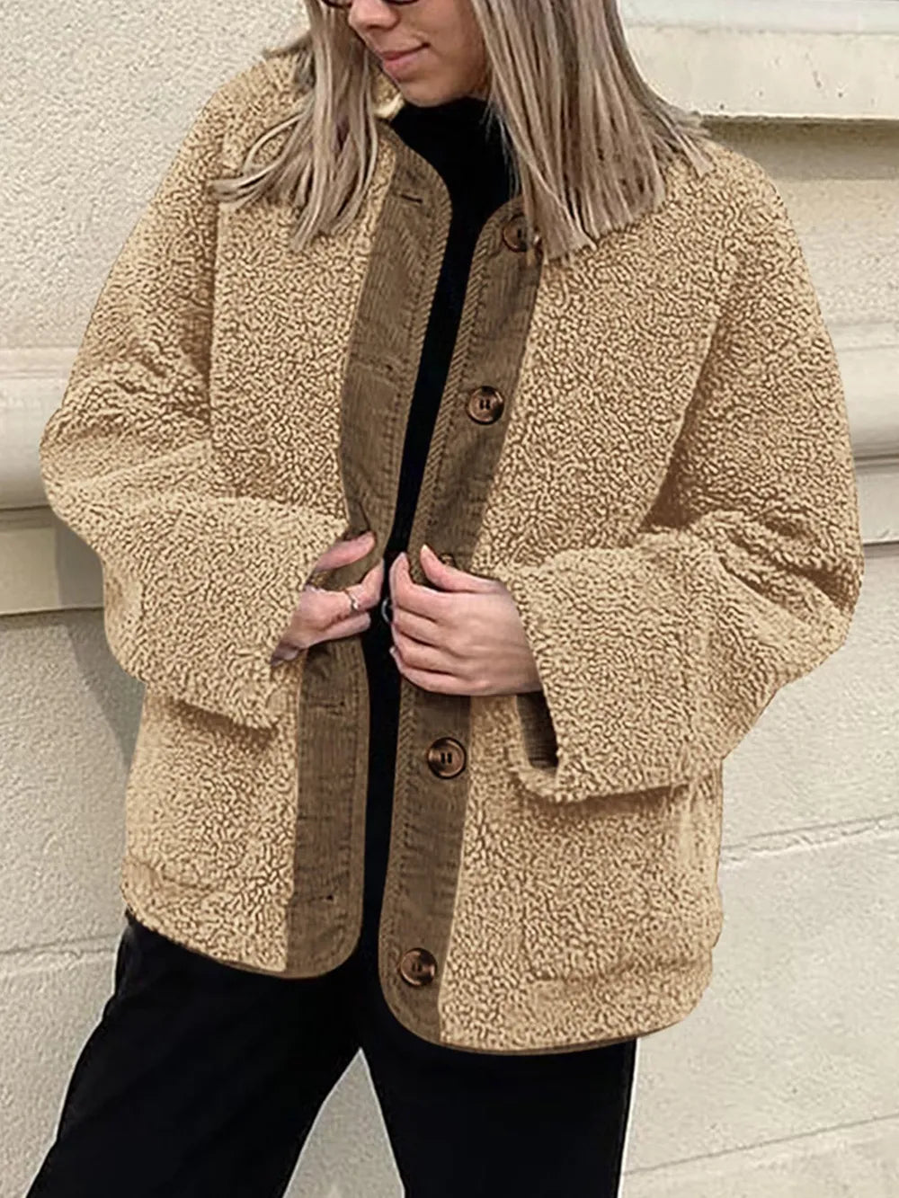Contrast Button Up Sherpa Jacket with Pockets, view 8