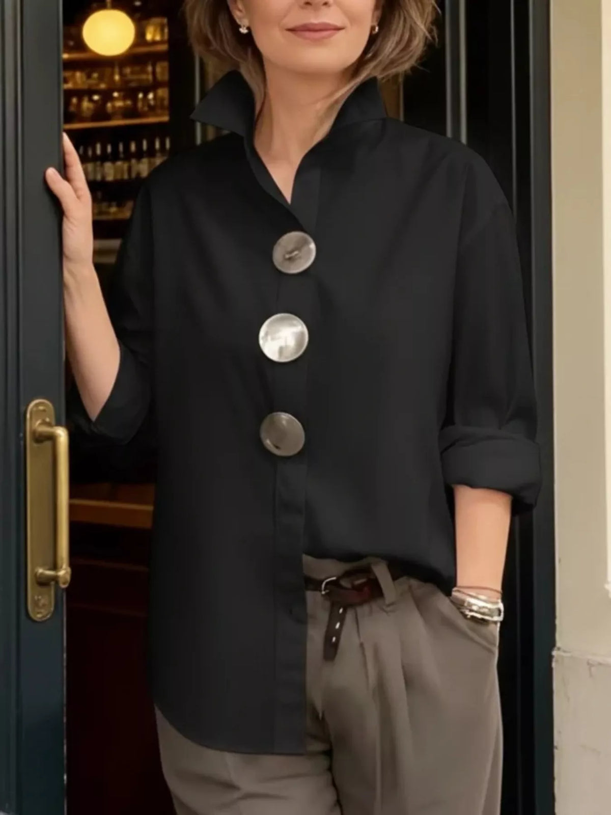 Full Size Oversized Metal Button Long Sleeve Shirt Plus Size - Lilixa.store