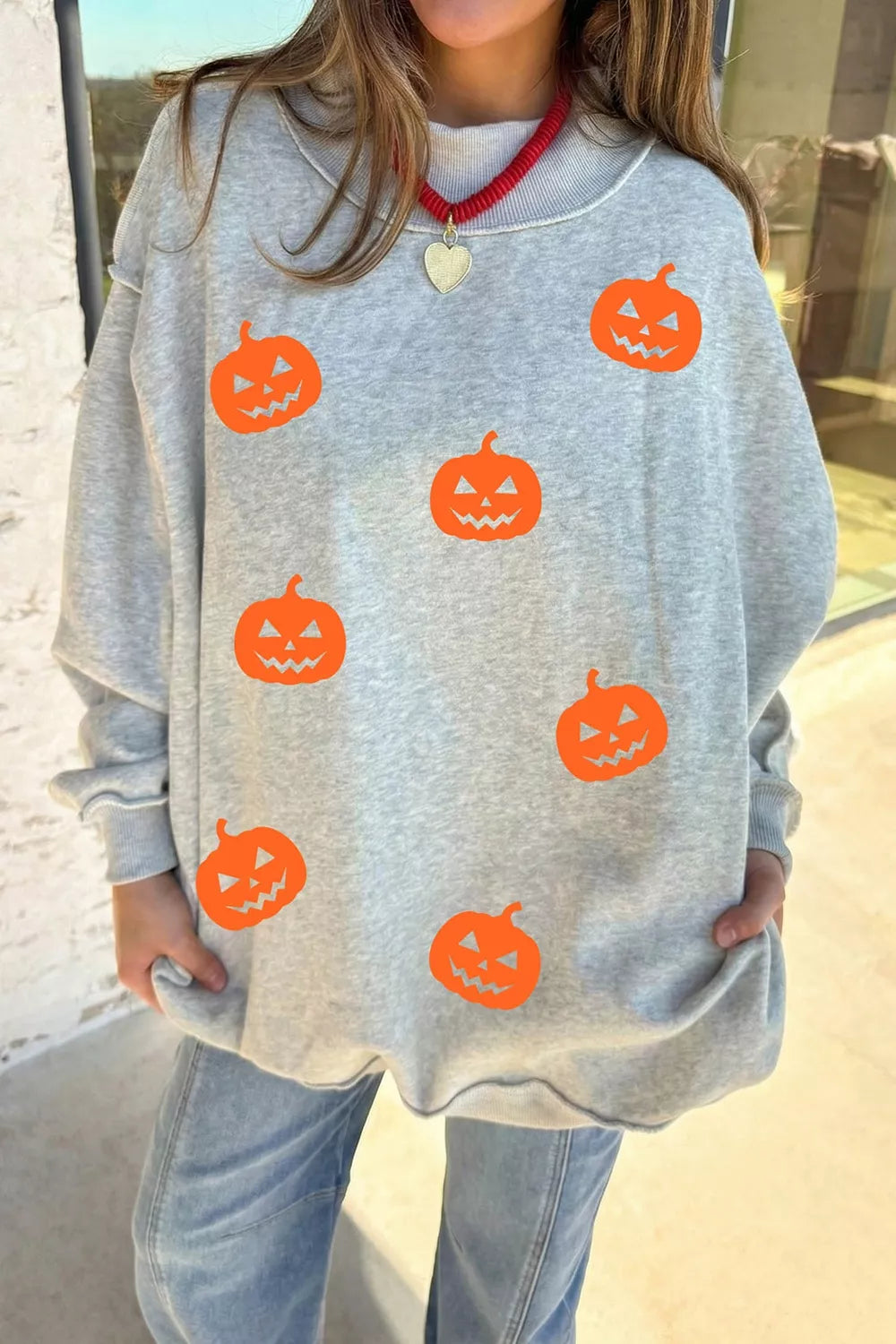 Halloween Pumpkin Face Print Mock Neck Reversible Sweatshirt - Lilixa.store