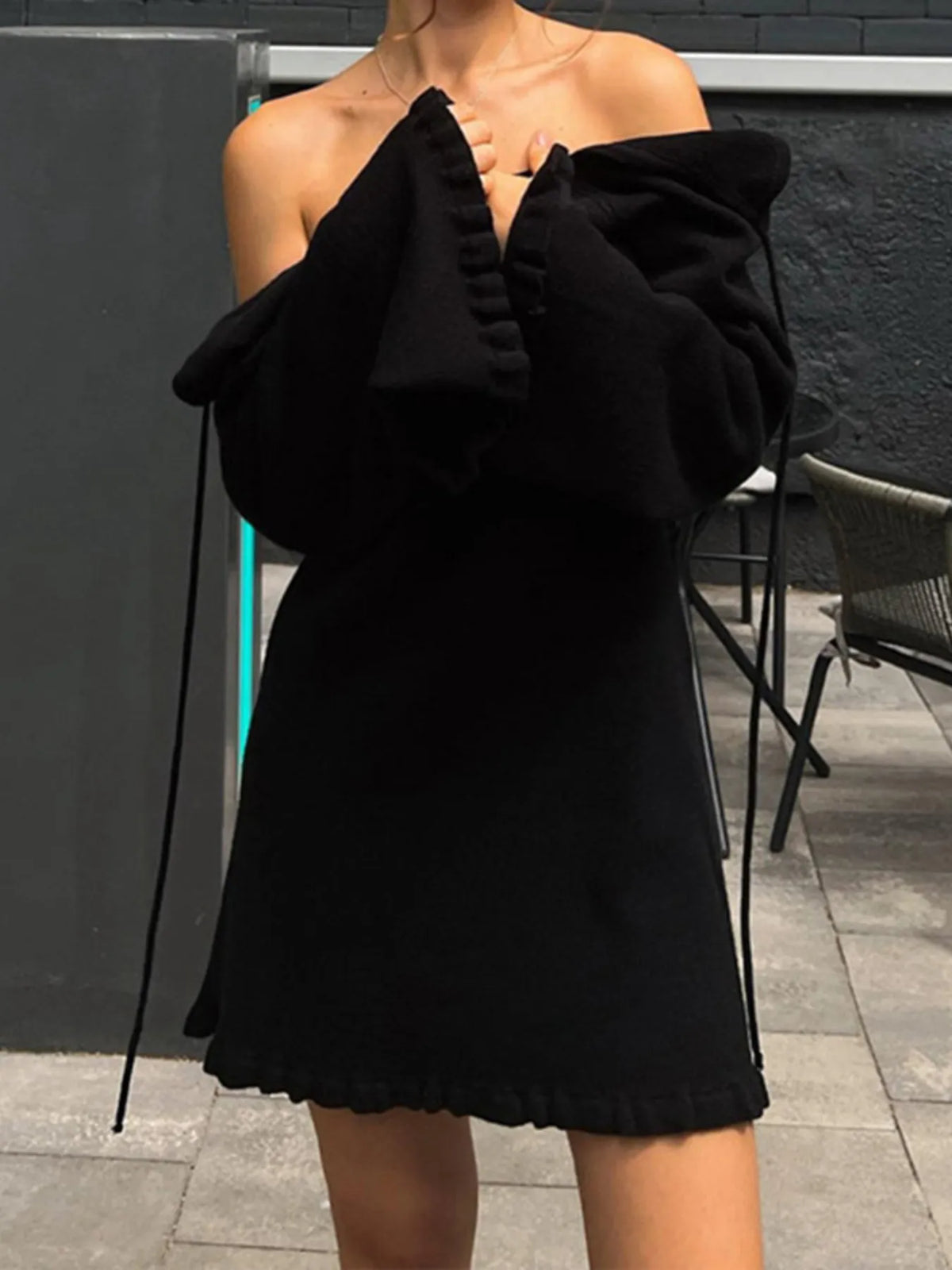 Long Sleeve Backless Sweater Dress in Black