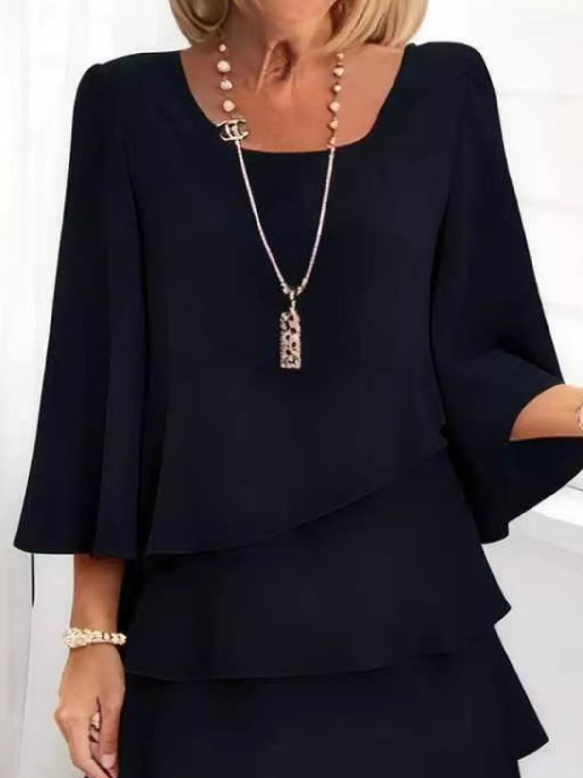 Full Size Ruffled Layered 3/4 Sleeve Dress Plus Size - Lilixa.store